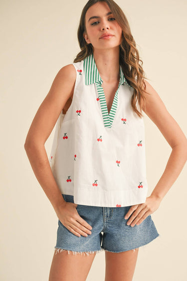 FRUIT EMBROIDERY COLLARED TANK